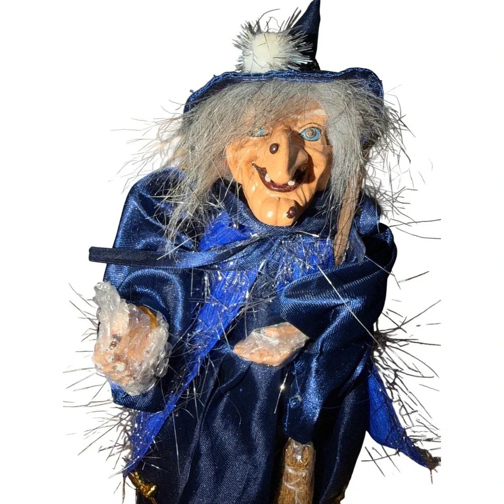 Gothic Halloween Decor Hanging Witch Blue Satin Dress Broom 12.5